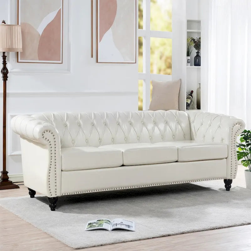 Canapé Chesterfield traditionnel crème 84.65 à 3 places, en similicuir