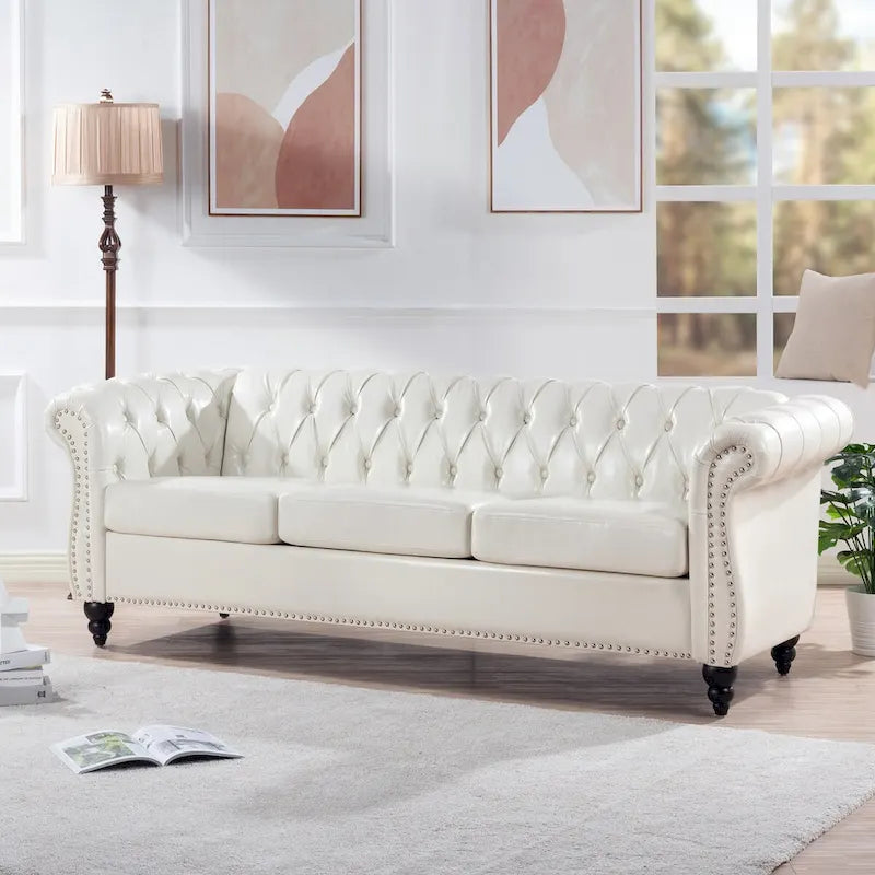 Canapé Chesterfield traditionnel crème 84.65 à 3 places, en similicuir