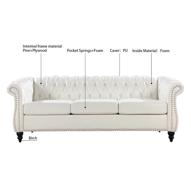 Canapé Chesterfield traditionnel crème 84.65 à 3 places, en similicuir