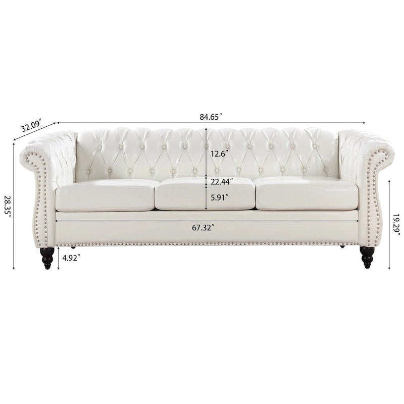 Canapé Chesterfield traditionnel crème 84.65 à 3 places, en similicuir