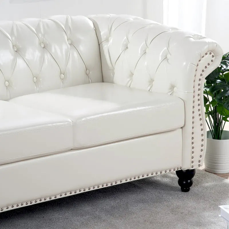 Canapé Chesterfield traditionnel crème 84.65 à 3 places, en similicuir