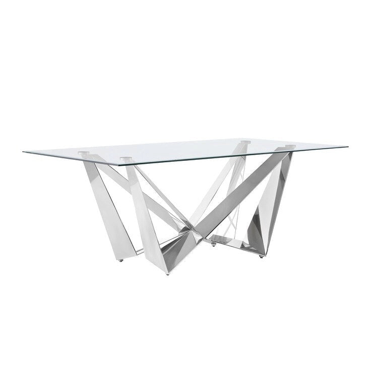 Glazen eettafel met gehard blad en roestvrijstalen onderstel