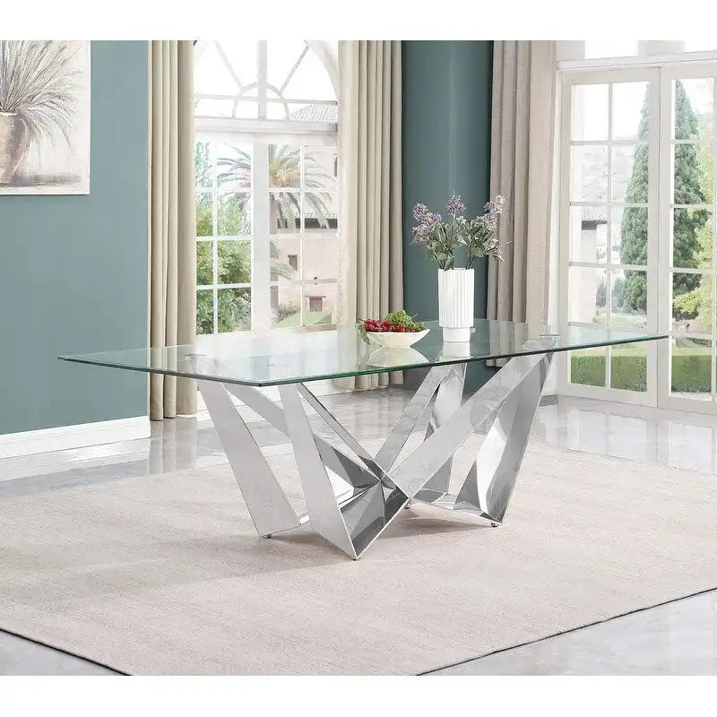 Glazen eettafel met gehard blad en roestvrijstalen onderstel