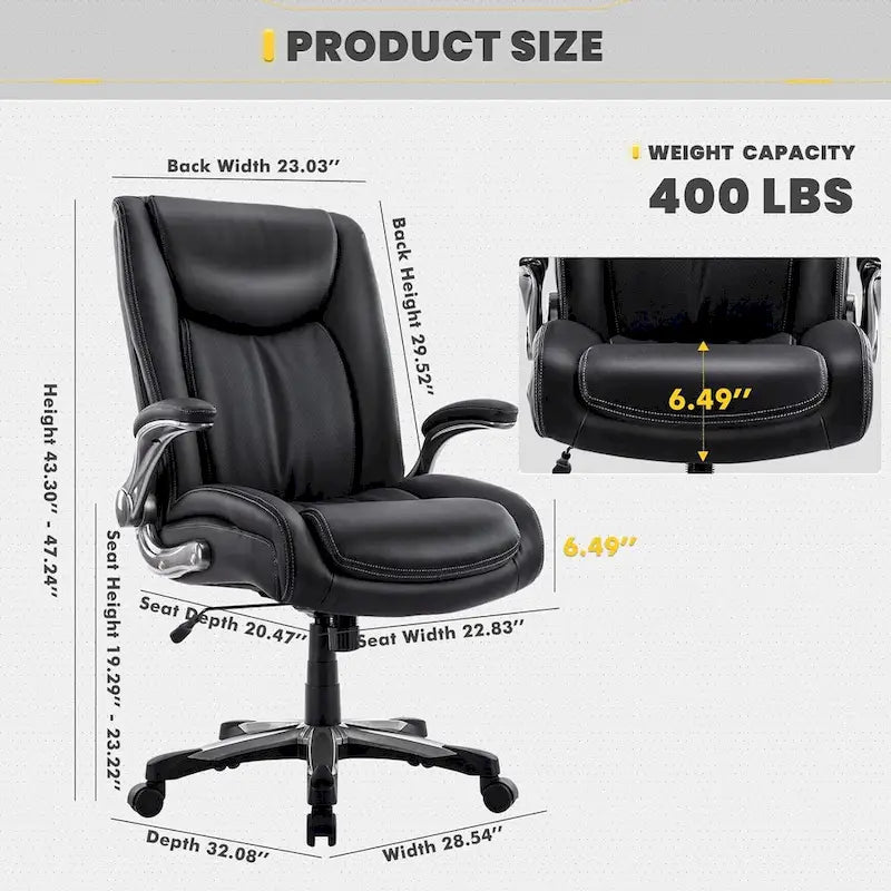High Back Executive Office Chair Flip-Up Arms Wide Thick Seat Heavy Duty 400LBS