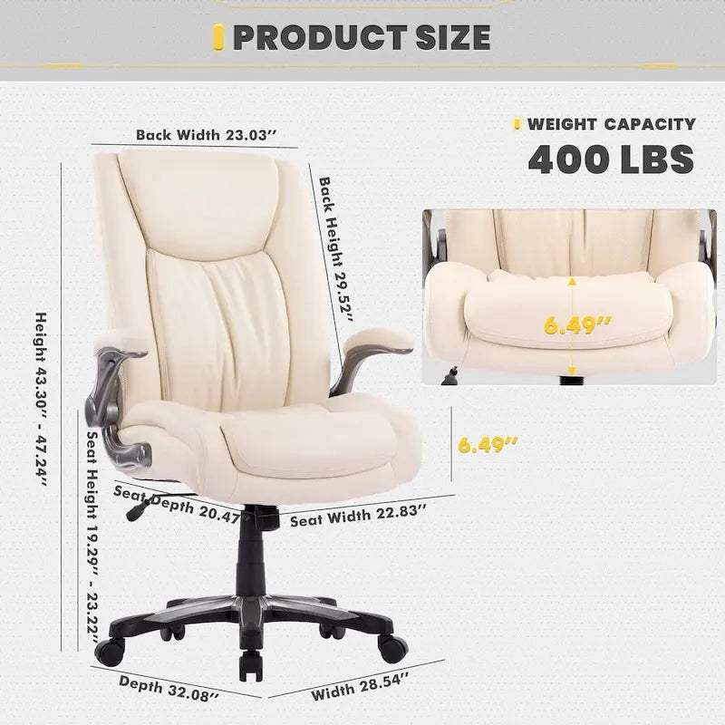 High Back Executive Office Chair Flip-Up Arms Wide Thick Seat Heavy Duty 400LBS