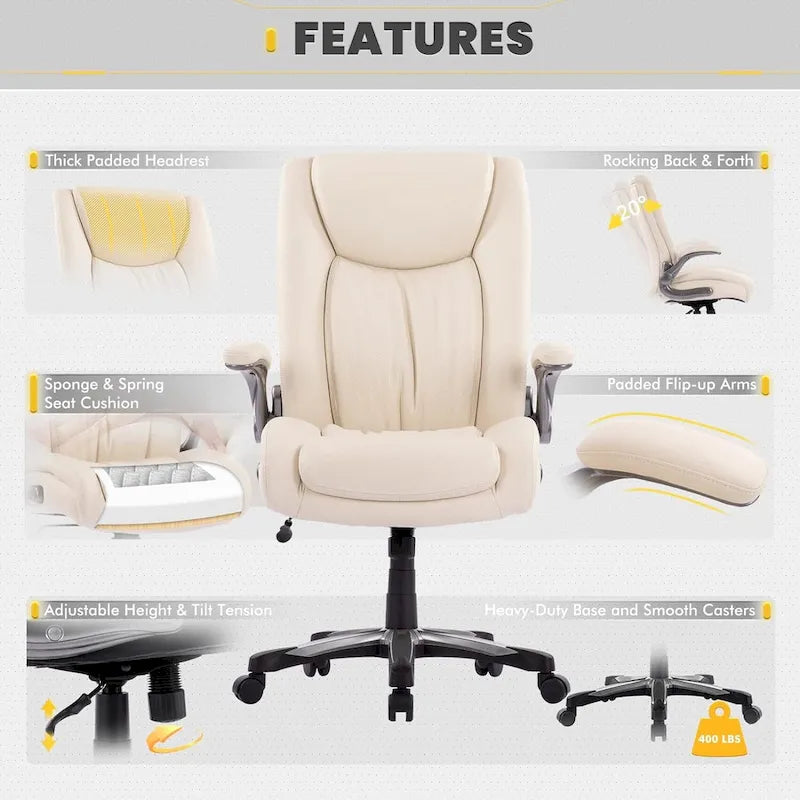 High Back Executive Office Chair Flip-Up Arms Wide Thick Seat Heavy Duty 400LBS