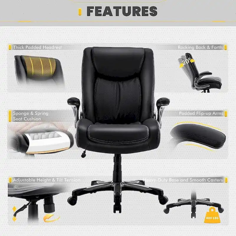 High Back Executive Office Chair Flip-Up Arms Wide Thick Seat Heavy Duty 400LBS