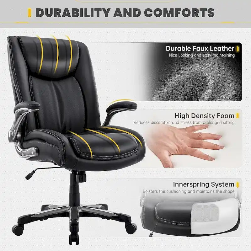 High Back Executive Office Chair Flip-Up Arms Wide Thick Seat Heavy Duty 400LBS