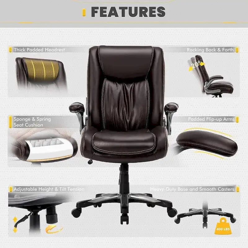 High Back Executive Office Chair Flip-Up Arms Wide Thick Seat Heavy Duty 400LBS