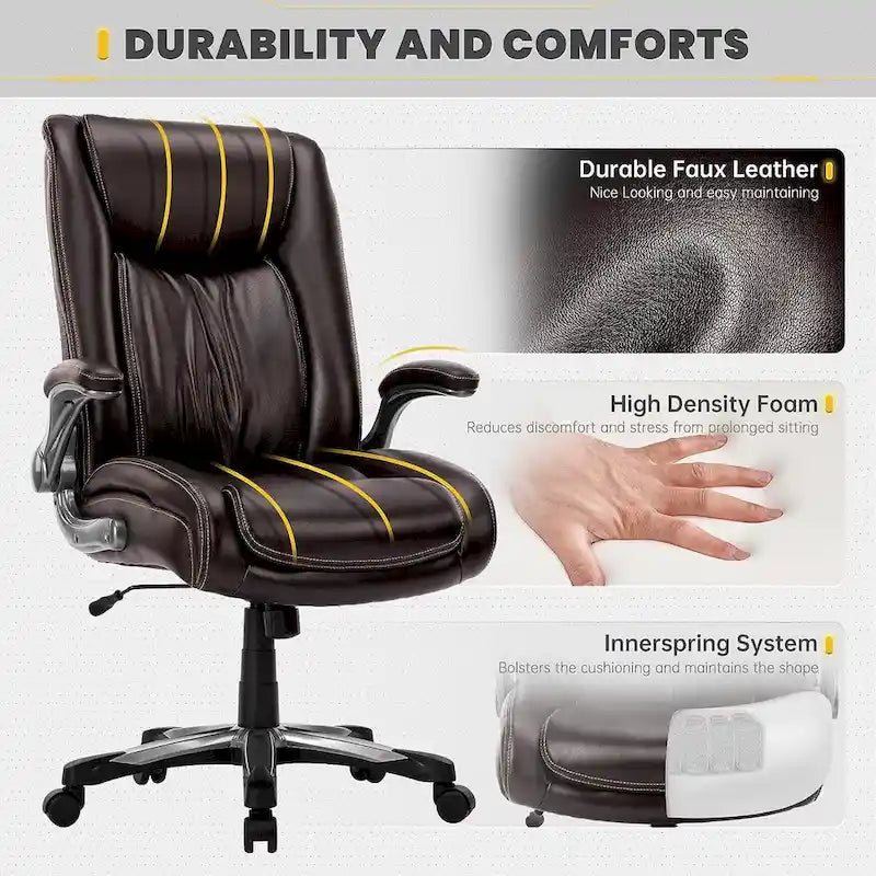 High Back Executive Office Chair Flip-Up Arms Wide Thick Seat Heavy Duty 400LBS