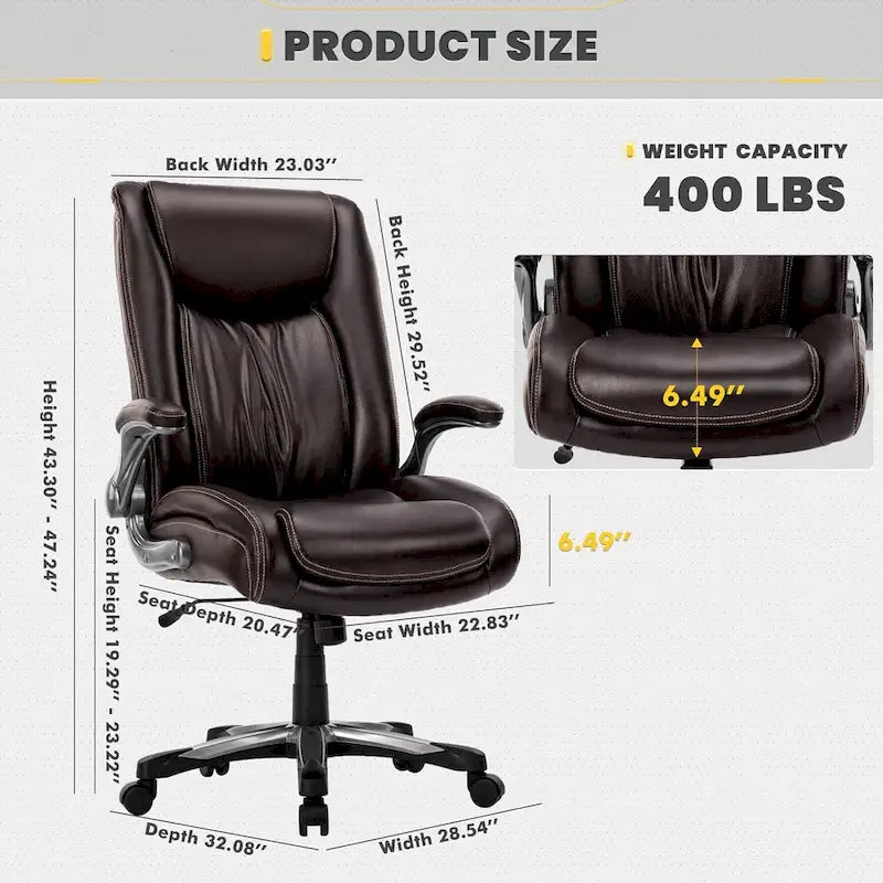 High Back Executive Office Chair Flip-Up Arms Wide Thick Seat Heavy Duty 400LBS