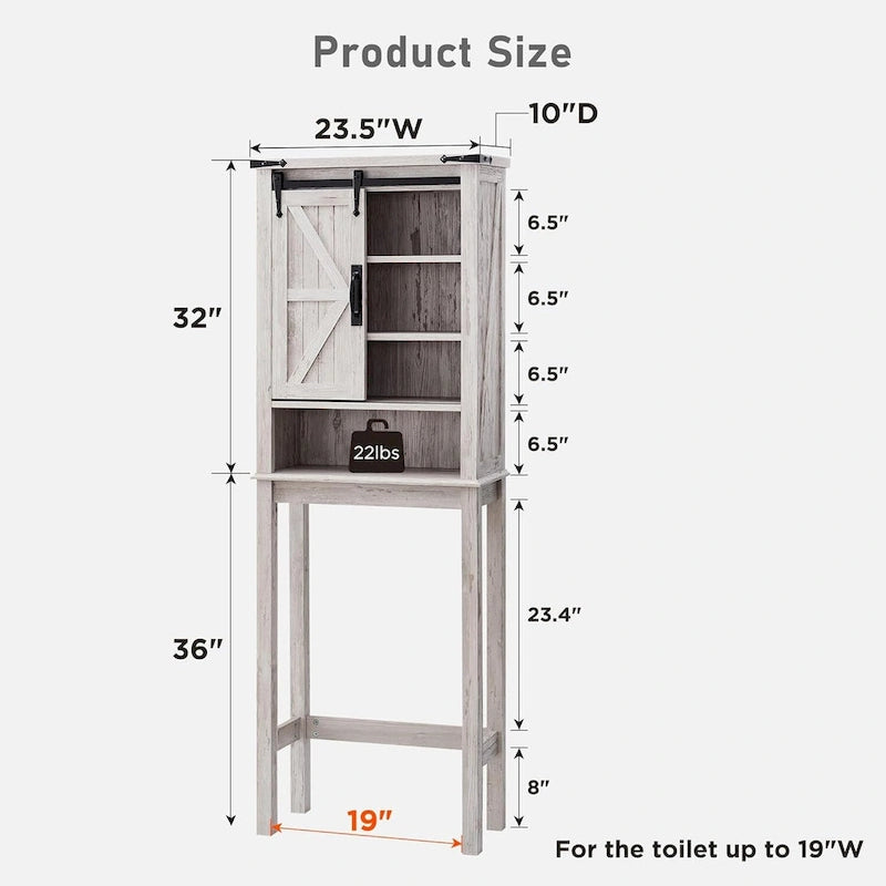 Landelijk opbergkastje boven het toilet met schuifdeur in schuurstijl