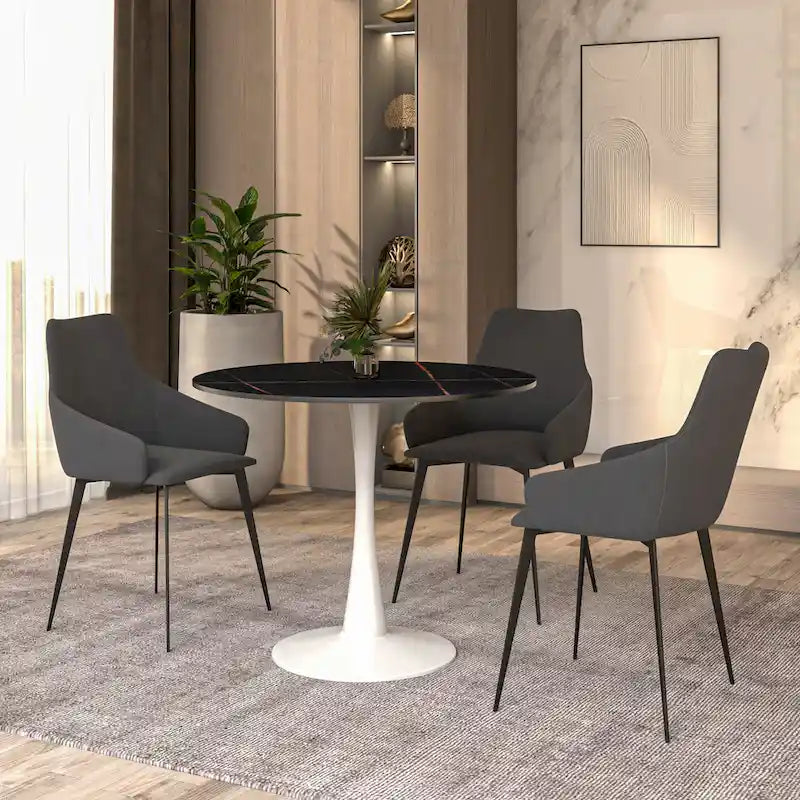 Round Dining Table for 4 with Sintered Stone Tabletop and Pedestal Base