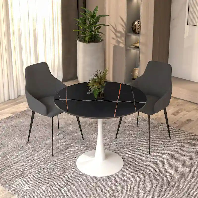 Round Dining Table for 4 with Sintered Stone Tabletop and Pedestal Base