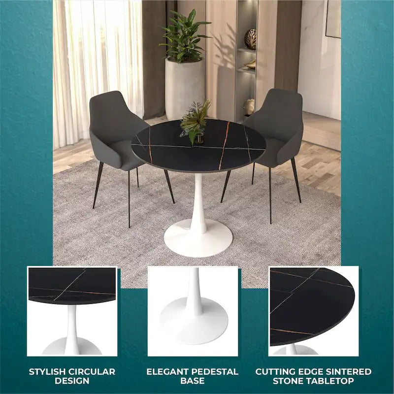 Round Dining Table for 4 with Sintered Stone Tabletop and Pedestal Base