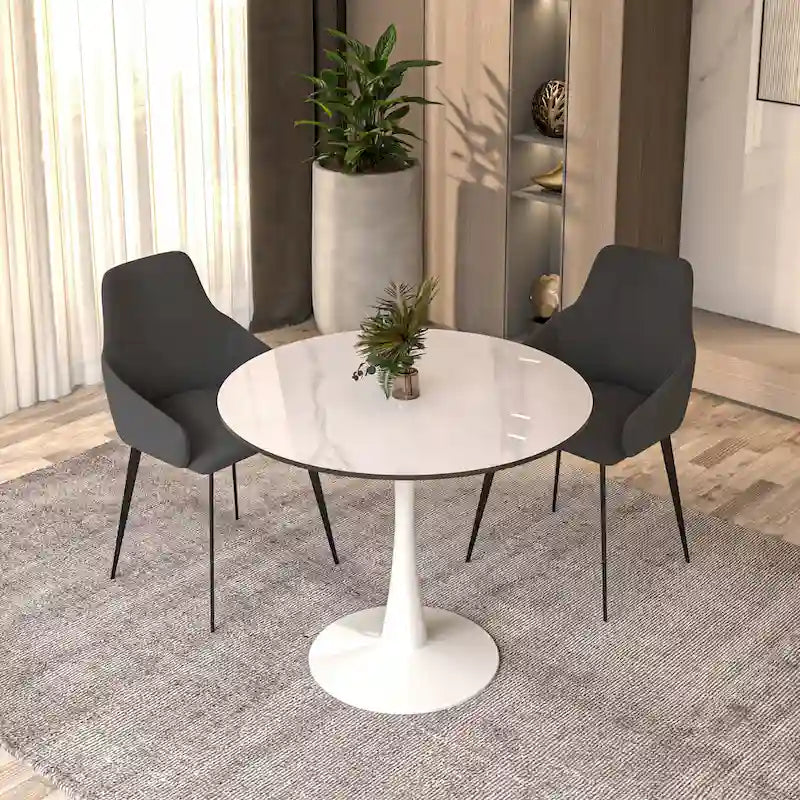 Round Dining Table for 4 with Sintered Stone Tabletop and Pedestal Base