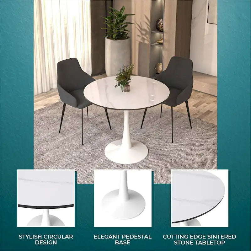 Round Dining Table for 4 with Sintered Stone Tabletop and Pedestal Base