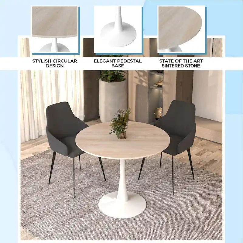 Round Dining Table for 4 with Sintered Stone Tabletop and Pedestal Base