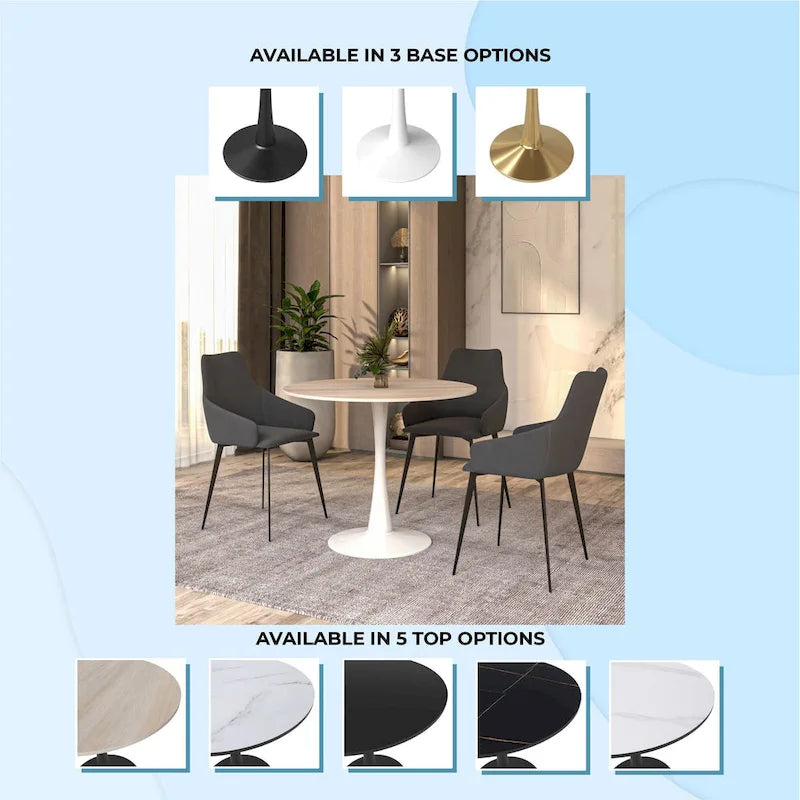 Round Dining Table for 4 with Sintered Stone Tabletop and Pedestal Base