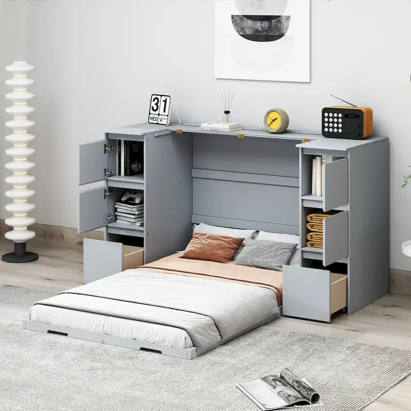 Full Size Murphy Bed with Drawers and High Stools