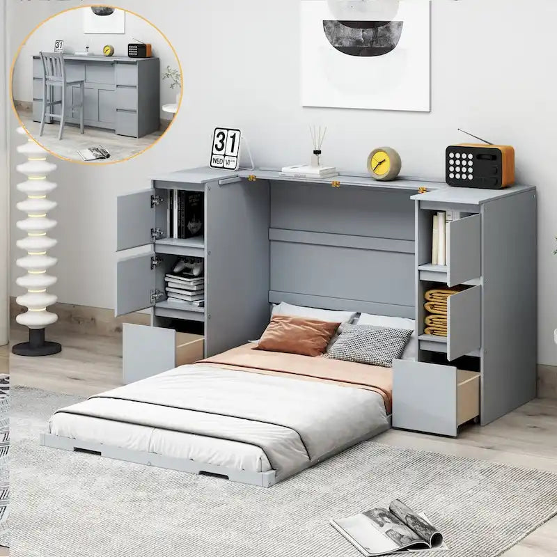 Full Size Murphy Bed with Drawers and High Stools