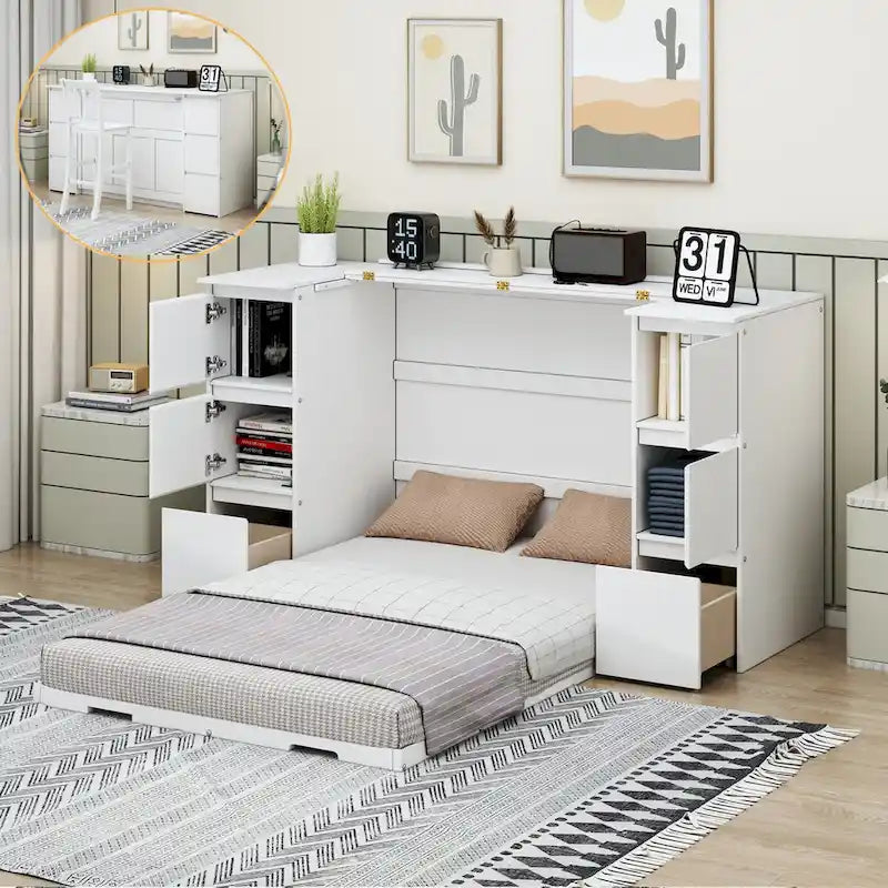 Full Size Murphy Bed with Drawers and High Stools