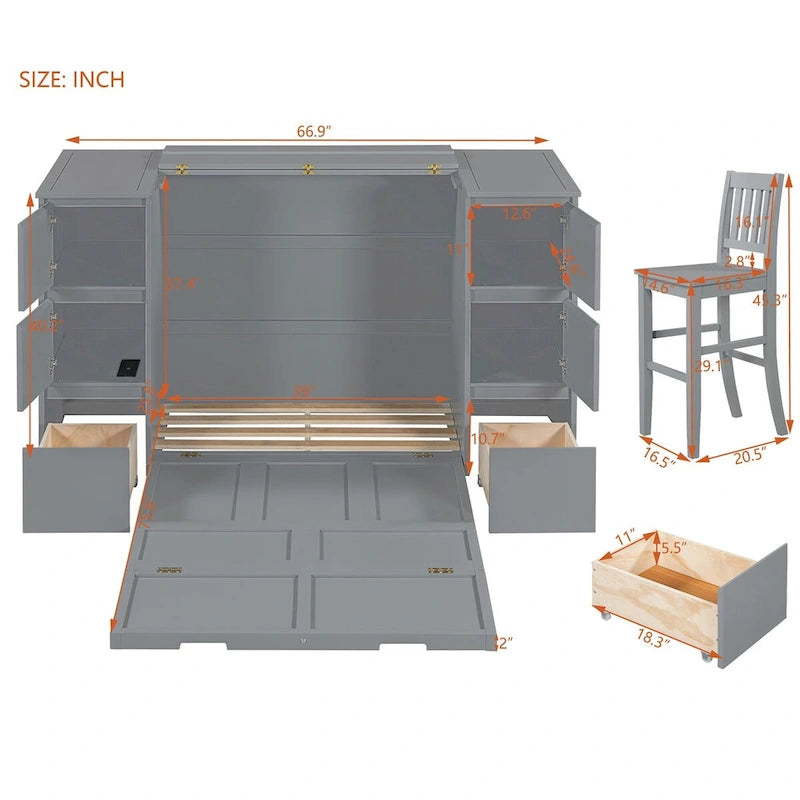 Full Size Murphy Bed with Drawers and High Stools