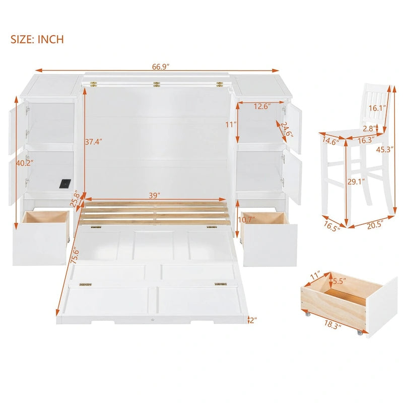 Full Size Murphy Bed with Drawers and High Stools